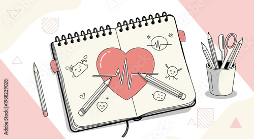 Open notebook with heart drawing, cardiogram and pencils, creative illustration