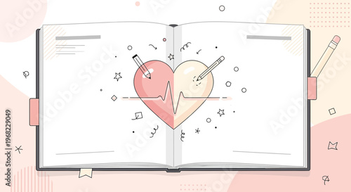 Open Notebook with Heart Drawing, Pencil, and Heartbeat Line