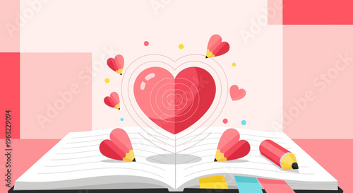 Open book with heart and pencils, love for learning, creative writing, romance concept