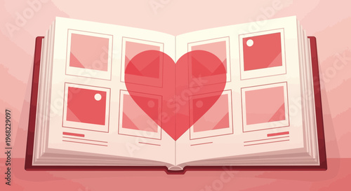 Open Photo Album with Heart Shape Overlay and Blank Square Pictures