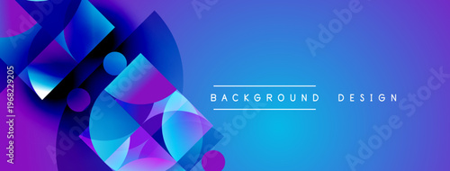 Abstract geometric shapes blend vibrant blues, purples. Modern design creates dynamic visual impact. Gradient colors offer smooth transitions.