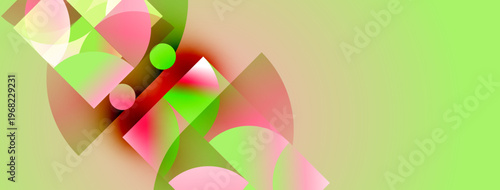 Abstract composition featuring overlapping shapes, vibrant colors. Pink, green hues dominate light background. Modern design elements present.