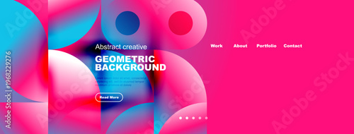 Vibrant abstract design. Geometric shapes, pinks, blues create modern website header. Text promotes creative content, invites exploration.