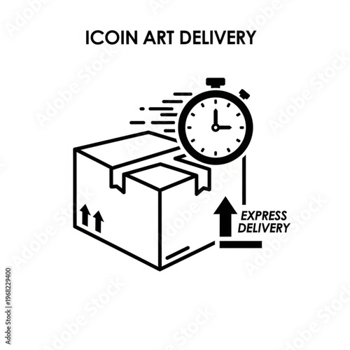 A vector graphic illustration of a cardboard box with an open flap and two arrows pointing upwards, accompanied by a stopwatch and the text 'EXPRESS DELIVERY' in a simple, modern design