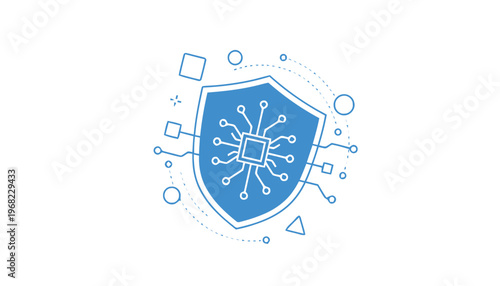 Blue shield with white circuit symbol.