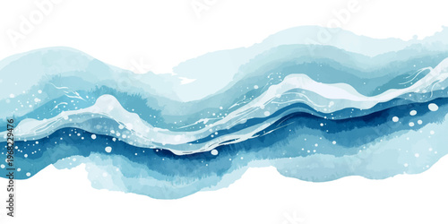 An abstract blue wave vector illustration flows over a misty mountain landscape and cold sea water under a cloudy sky