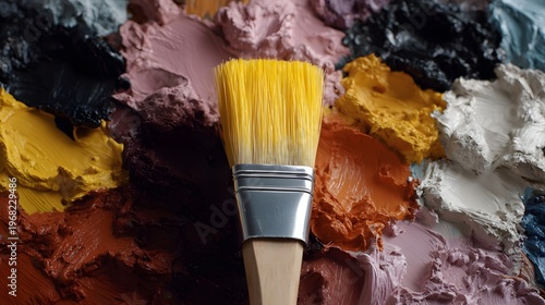 Close up of a yellow paintbrush on a vibrant textured palette of oil paints