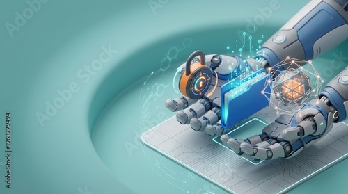 Wallpaper Mural Cybersecurity data protection AI robot hand privacy encryption digital folder representing robotic arms securing information through cloud storage icons and advanced tech concepts. Torontodigital.ca