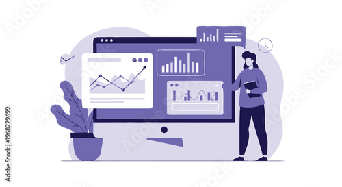 Businesswoman Looking at Large Computer Screen.