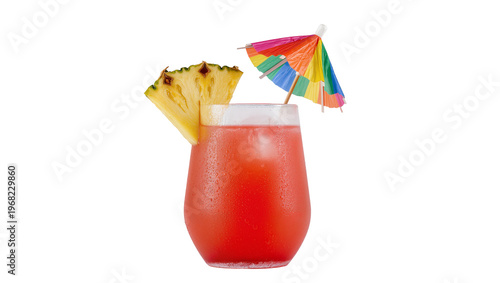 Photography Vibrant red tropical cocktail in a textured glass garnished with fresh pineapple