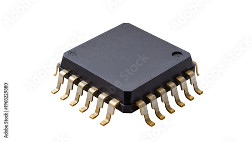 Foto Black square integrated circuit chip with numerous gold metal pins, isolated on