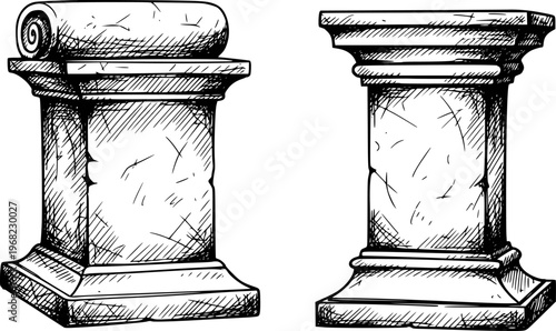 Ancient stone pedestals with rolled scroll and classical architectural detail white background