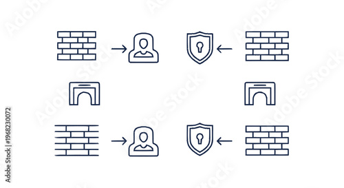 Conceptual Cybersecurity Icons - Walls, Shields, and User Symbols Representing Protection.