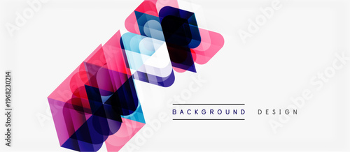 Abstract geometric shapes overlap, creating vibrant color gradients. Modern design elements suggest digital art, texture, composition.