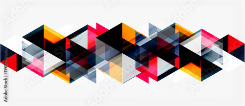Abstract geometric pattern. Triangles overlap, creating dynamic visual texture. Colors include red, black, yellow, gray. Modern design element.