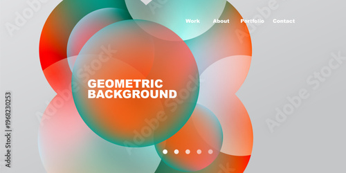 Abstract design features overlapping colorful circles. Text reads Geometric Background with navigation options above. Minimalist aesthetic, dark backdrop.