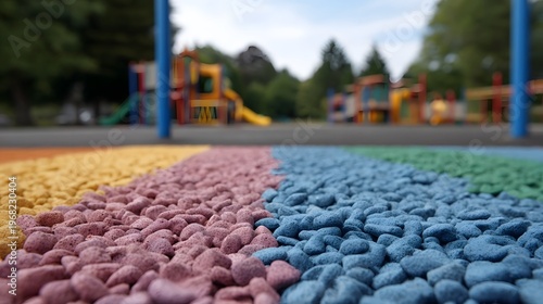 Vibrant multi colored gravel surface on a playground low angle shot