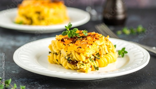 Close-up shot of a pasta dish with a golden-brown topping. White plate, green herb garnish, fork, and side dish visible. Dark moody background