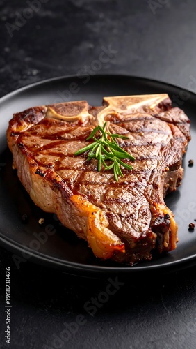 Close-up shot of a perfectly grilled, bone-in steak with visible grill marks, rosemary sprig, and peppercorns on a dark plate