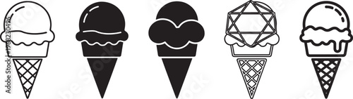 Ice Cream Cone Icon Set, Frozen Dessert Vector Collection, Minimal Outline and Solid Ice Cream Icons for Summer, Dessert, Cafe and Sweet Food Design