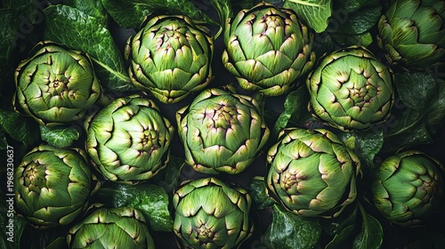 Textured artichokes creating a vibrant background filled with fresh bracts and beautiful chokes