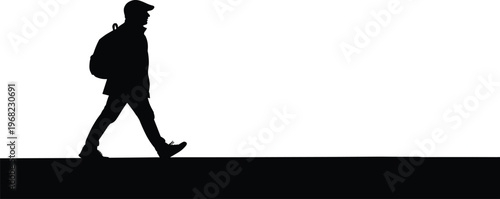 Silhouette of a person walking purposefully with a backpack, suggesting a journey, independence, or urban commuting against a clean background, evoking concepts of travel and forward movement