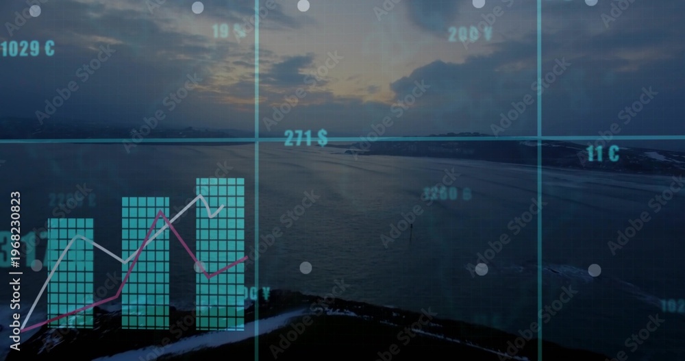 Fototapeta premium Sunrise activating teal finance dashboard, overlaying coastal bay with bar chart, line graphs