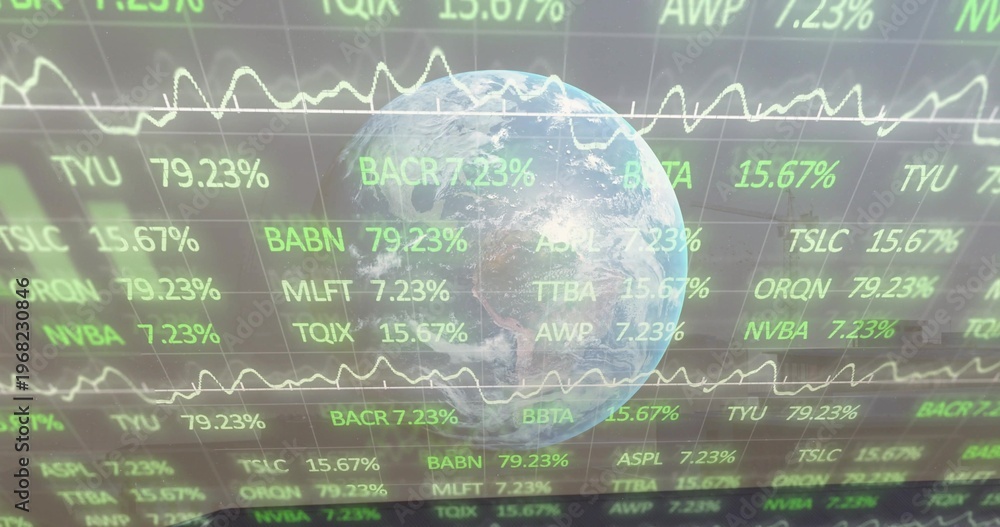 Fototapeta premium Displaying Earth globe floating over trading dashboard, showing green tickers, white line charts