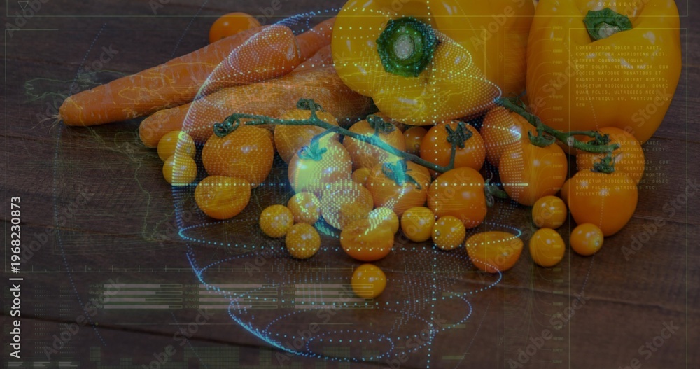 Fototapeta premium Displaying cluster of cherry tomatoes, yellow peppers, carrots on dark table, with blue overlay