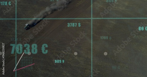 Plowing tractor leaving dust plume while crossing farm furrows with teal grid labels, copy space