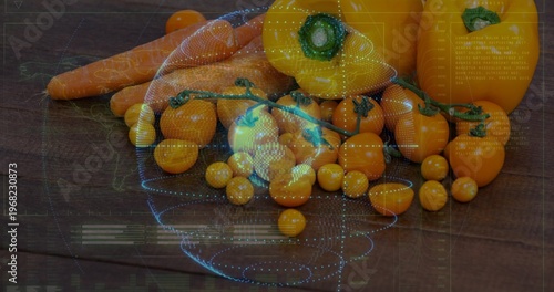 Displaying cluster of cherry tomatoes, yellow peppers, carrots on dark table, with blue overlay