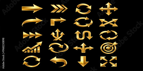 Golden metallic numbers and currency symbols in a shiny 3D vector font set for finance and business design