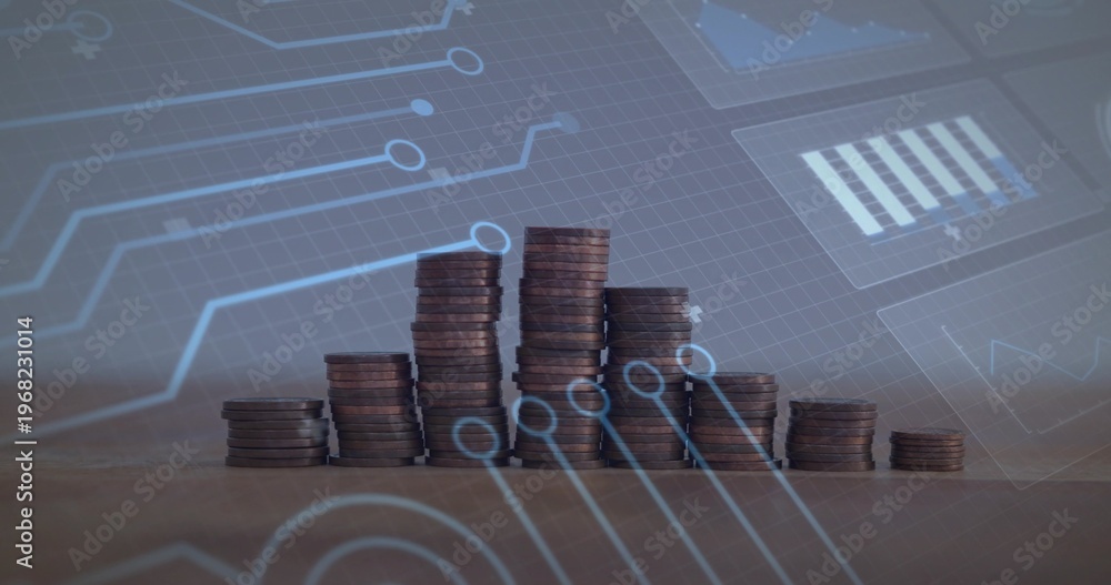 Fototapeta premium Displaying stacks of coins forming histogram on wooden tabletop, showing faint blue circuit overlay