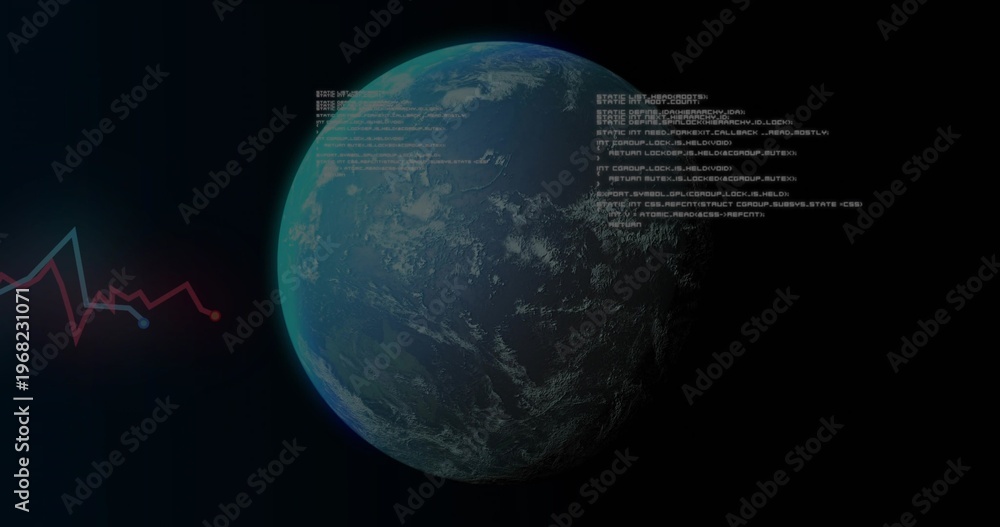 Fototapeta premium Displaying left-lit Earth-like planet in near-Earth orbit while showing HUD code and jagged graph