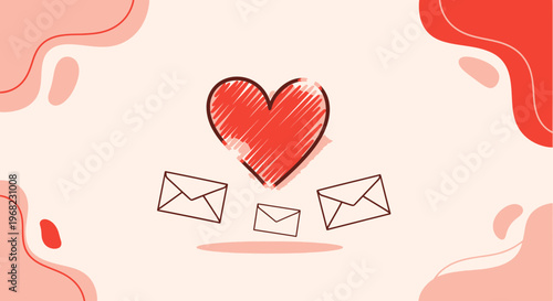 Hand-drawn heart icon with envelopes, love letter, romance, Valentine's Day, graphic design
