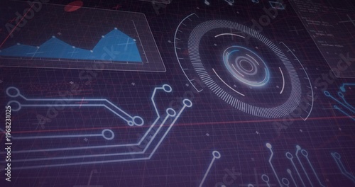 Displaying futuristic HUD on control dashboard, with concentric radar, neon circuits, blue chart