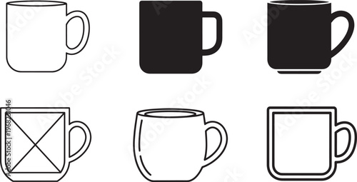 Coffee Mug Icon Set, Cup Vector Collection, Minimal Outline and Solid Ceramic Mug Icons for Coffee, Tea, Cafe, Beverage and Kitchen Design