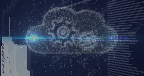 Showing particle cloud pulsing on navy UI, featuring two gears, cyan flare, left bars, right bars