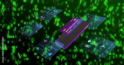 Floating purple-trim smartphone glowing in cyberspace, showing contactless card and holographic UI