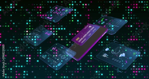 Displaying phone device projecting holographic dashboards in cyberspace, with purple credit card