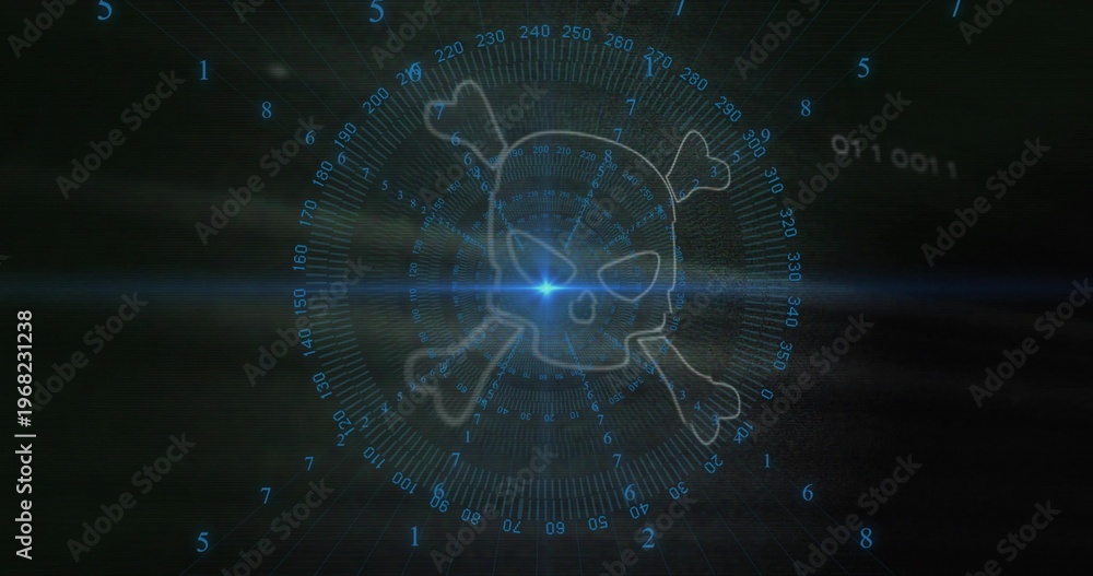 Fototapeta premium Rotating holographic skull-and-crossbones over circular HUD overlay, showing binary and lens flare