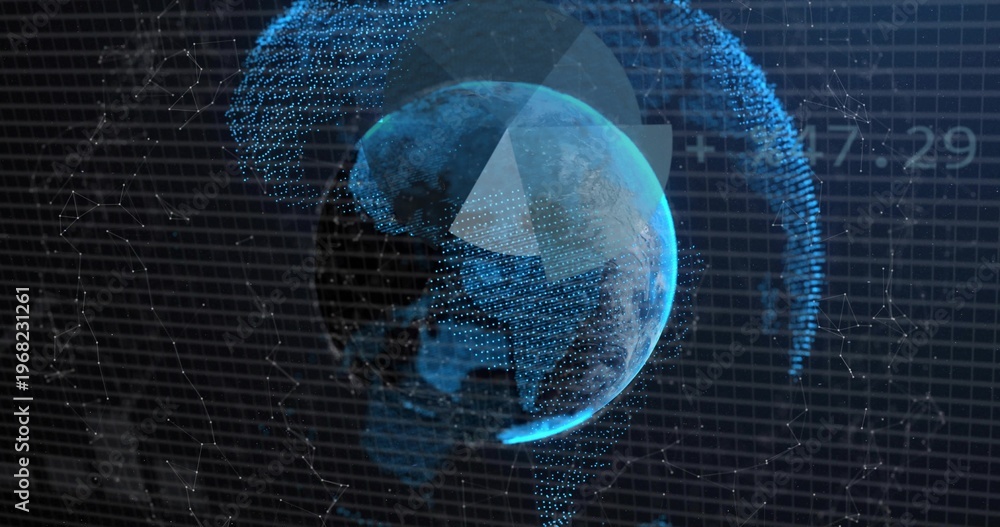 Fototapeta premium Rotating stylized digital Earth globe showing triangular overlay, particle arcs, grid, timestamp