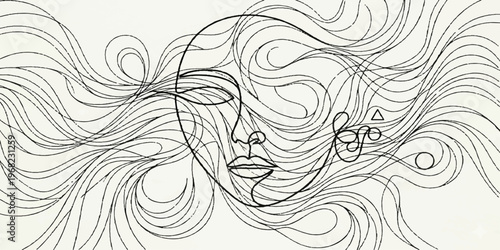 Black and white abstract floral background with a sketch silhouette of a woman and decorative swirling patterns