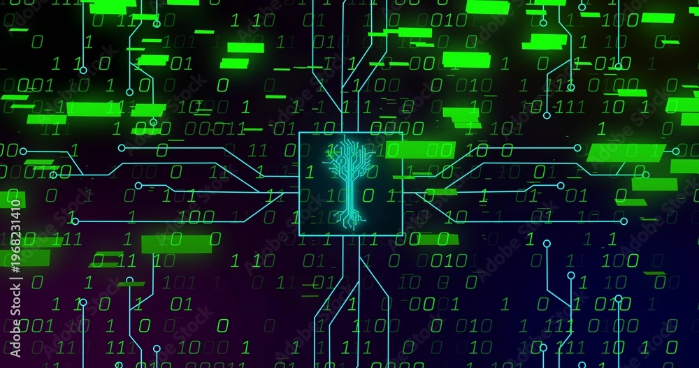 Obraz premium Pulsing cyan chip showing neural-tree sending blue line to cyber nodes with green blocks and 0s or 1