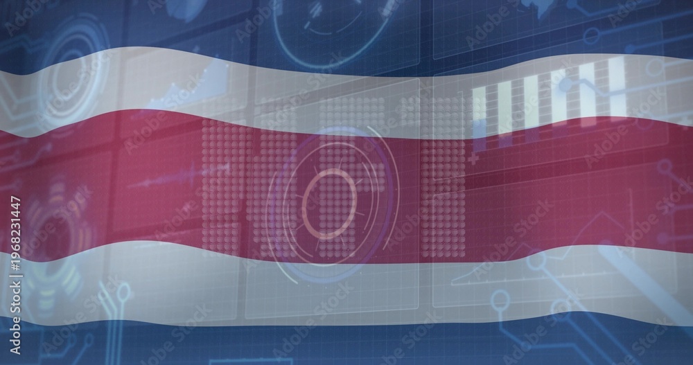 Fototapeta premium Waving horizontal tricolor flag showing HUD overlays in virtual backdrop, with circuit grid