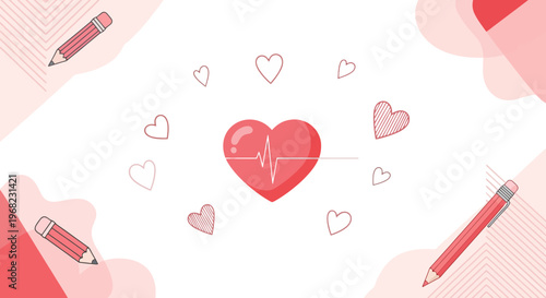 Hand Drawn Hearts and EKG Line Icon with Pencils on White Background