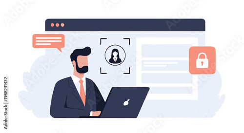 Bearded Businessman Working on Laptop with Face Recognition.