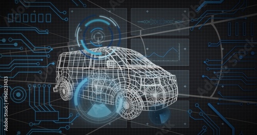 Displaying wireframe SUV model hovering over dark grid in engineering interface, with circular HUDs