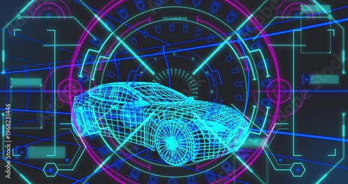 Rotating cyan wireframe sports car model scanning in future HUD workspace, showing concentric rings