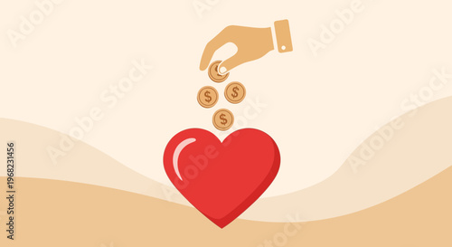 Hand dropping coins into red heart symbol, charity and donation concept, flat illustration